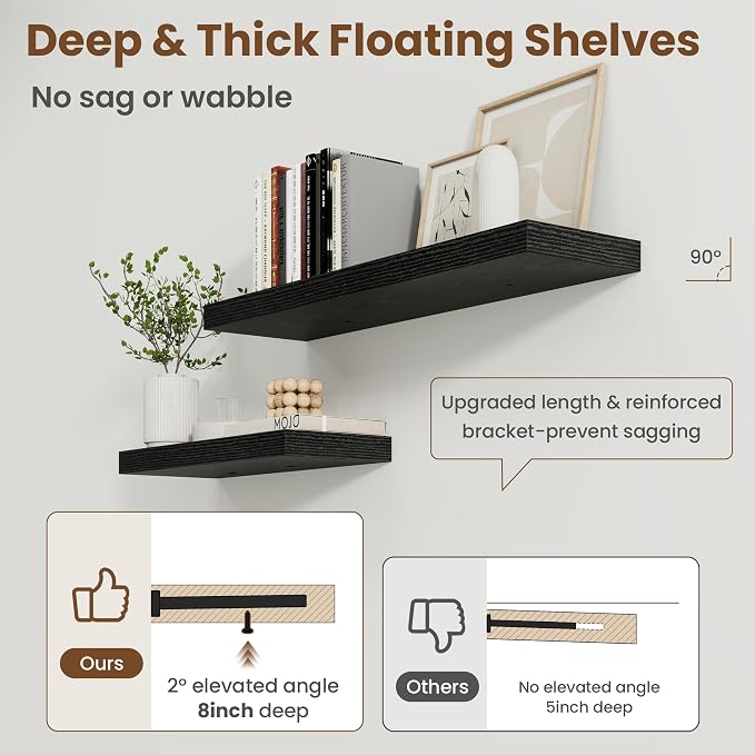 72 Inch Floating Shelves for Wall, 8 Inch Deep Floating Shelf for Storage & Display, Rustic Wall Mounted Shelf with Invisible Brackets for Living Room, Kitchen, Bathroom, Home Decor, Set of 2, Black
