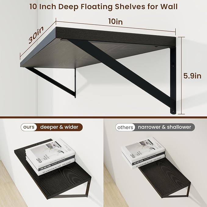 Axeman 30 Inch Floating Shelves | 10 Inch Deep Black Wall Shelves Set of 2 | 30" W x 10" D Black Wood Floating Shelves for Living Room Bathroom Kitchen