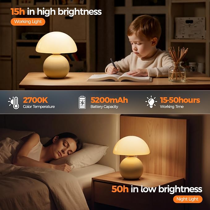 NIORSUN Mushroom Lamp Table Lamp for Bedroom, Portables Cordless Table Lamp,Wireless lamp,Small Bedside Table Touch Lamps for Living Room,Mini Mushroom 5200mAh Battery Operated Lamp Modern Cream