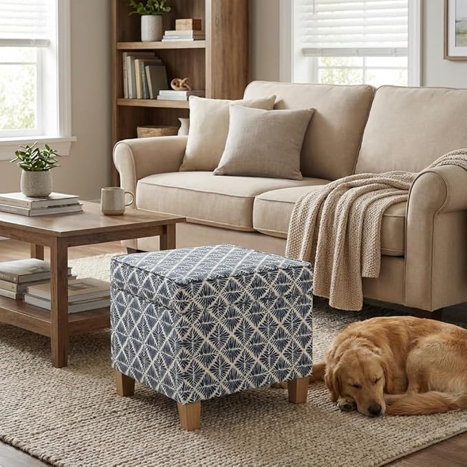 HomePop Small Square Storage Ottoman with Lift-Off Top, Blue Geometric Pattern Cotton Fabric Upholstered Accent Footrest Stool with Wood Legs for Living Room Bedroom Entryway