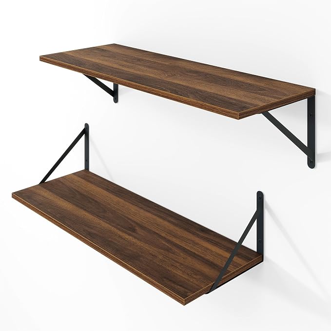 Vivelove 8 Inch Deep Floating Shelves for Wall, 24W x 8D Wood Wall Shelves Set of 2, Walnut Wide Floating Bookshelf for Living Room, Kitchen, Office, Bedroom, with Black Metal Bracke - Walnut