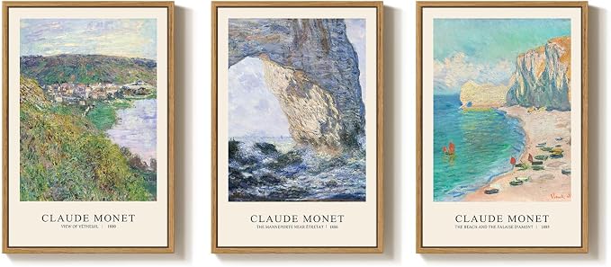 3 Piece Framed Monet Landscape Wall Art for Living Room, Large Impressionist Vintage Coastal Picture Canvas Prints Painting, Classic Nature Artwork Decor for Bedroom Hallway 16x24 Inch