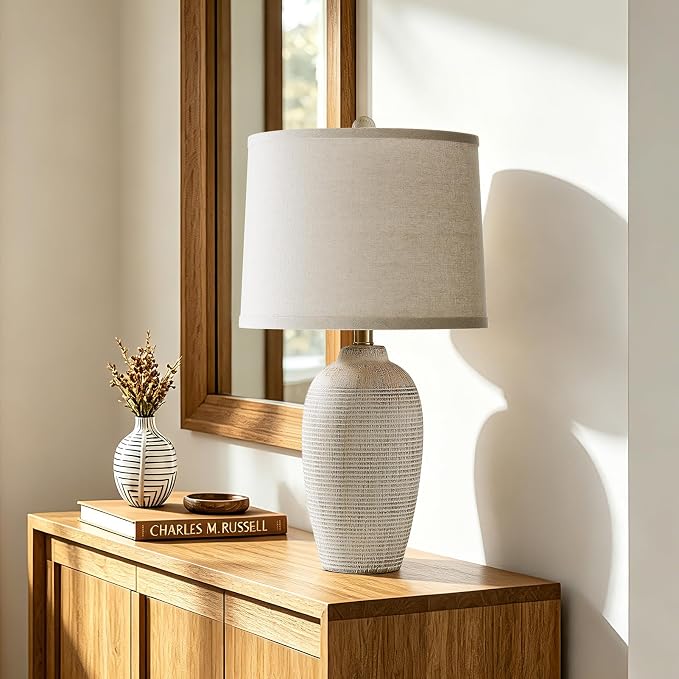 AIEAMPDO 25" Vintage Ceramic Table Lamp for Bedroom Living Room | Bedside Lamp with Linen Drum Shade, Neutral Modern Farmhouse Rustic Desk Lamp for Nightstand End Table, Bulb Included