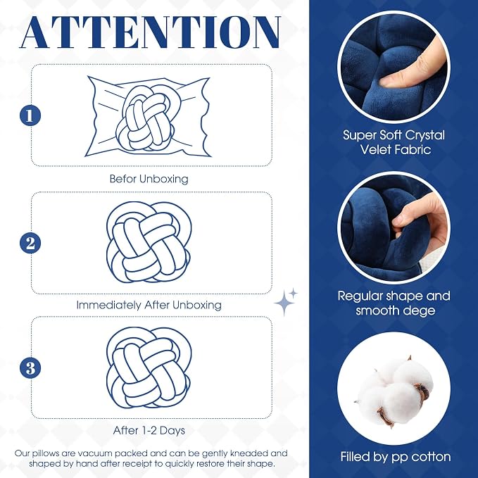 Beeveer 2 Pcs Knot Pillow Balls Set, 12 Inch Soft Decorative Throw Knot Pillow Ball, Large Square Knotted Floor Cushion for Living Room Bedroom Sofa Couch Bed Home Decoration (Navy Blue)
