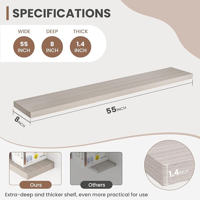 Acovy 55 Inch Floating Shelves, 8 Inch Deep Floating Shelves for Wall, Hanging Shelf with Invisible Brackets, Deep Shelves for Bathroom, Bedroom, Living Room, Grey, Set of 1