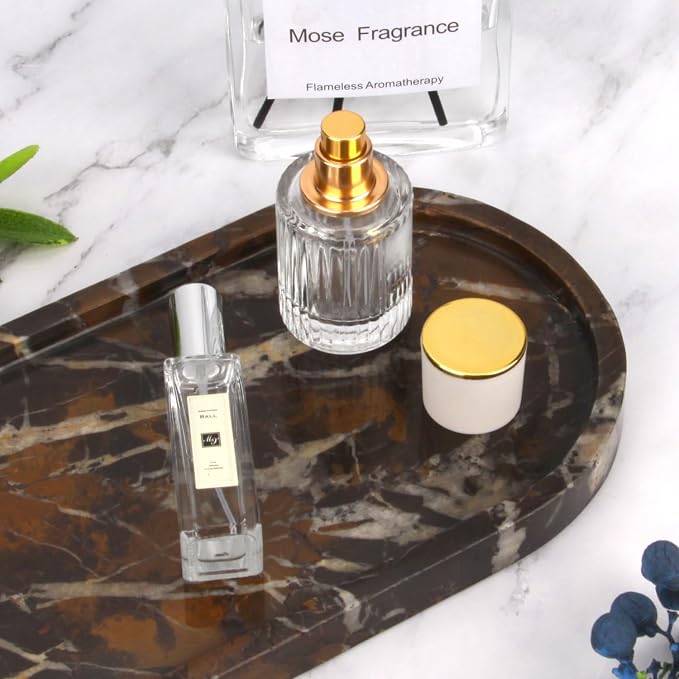 Oval Marble Bathroom Vanity Tray, Natural Luxury Marble Home Kitchen Bathroom Table Tray, Stone Decorative Countertop Tray for Coffee Perfume Jewelry (Black Gold, 12" x 6" x 0.8")