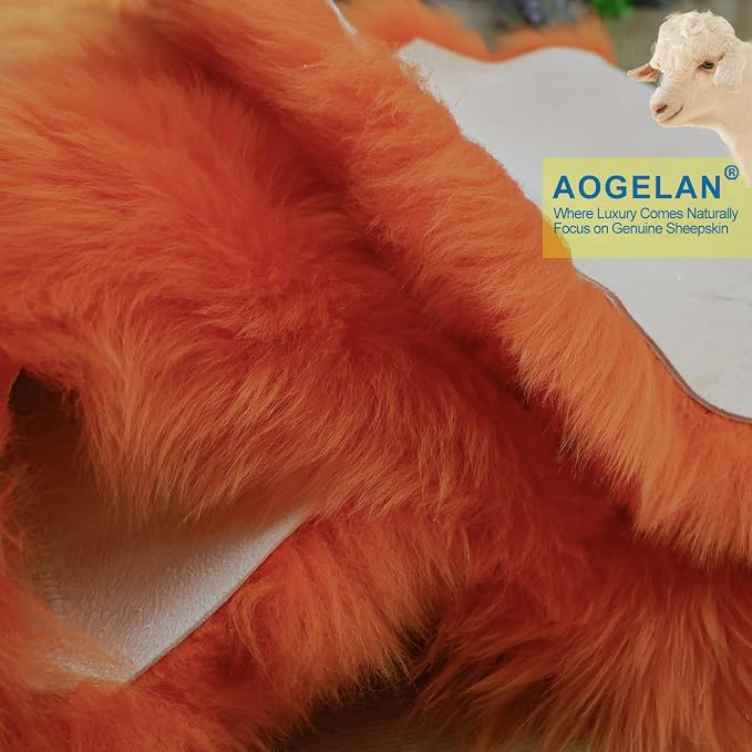 Orange Genuine Sheepskin Rug, Fluffy Fuzzy Soft Shaggy Fur Area Rug for Bedroom Living Room Fur Wool Pray Pup Carpet Cushion, Chair Sofa Seat Cover, Double Pelt/2FT*6FT