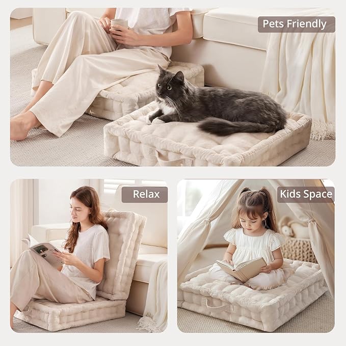 Intelligent Design Azza Floor Pillow, Large Cushions Sitting for Adults, Floor Pillow for Meditation or Yoga, Lustrous Chenille Tufted with Scalloped Edges for Bench/Chair Cushion, 24"x24"x5" Ivory