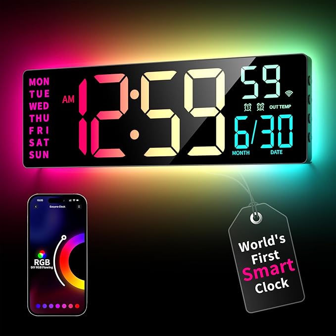 EASYERA Smart Digital Wall Clock with App Control, 16.5” Large RGBIC Wall Clock with Multiple DIY Color and Music Sync, LED Display, Auto DST, Plug-in Clocks for Classroom Home Gym Gaming