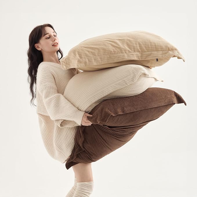 COCO TOP Set of 3 Corduroy Large Pillow Covers 28x28inch, Super Soft-Touch Boho Vintage Earth Tones Cushion Cases for Sofa, Living Room, Bedroom, Office,Game Home（Dark Brown, Beige & Camel）