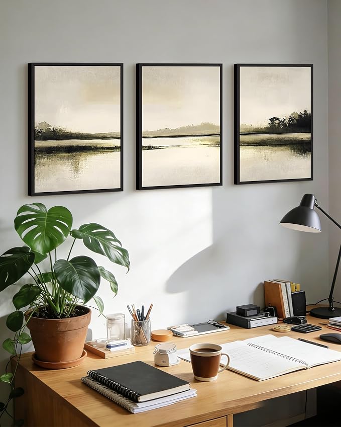 PHOPAGO Abstract Lake Landscape Framed Wall Art Watercolor Nature Wilderness Paints Nordic Neutral Tan Illustration Decorative - 12x16in Black Framed