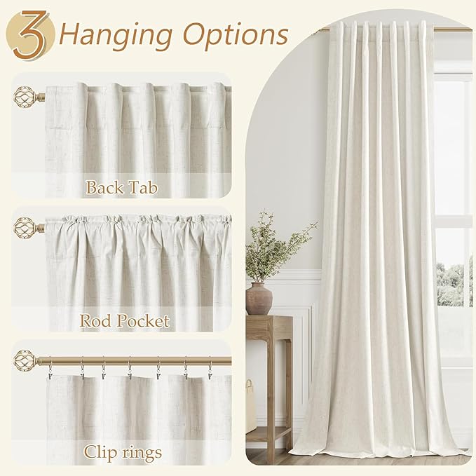 Guken 100% Blackout Cream Linen Curtains 54 Inch Wide by 38 Inch 2 Panels Set for Living Room Bedroom Back Tab Thermal Insulated Black Out Linen Drapes Room Darkening Window Curtains