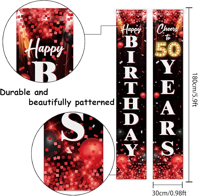 5665 Happy 50th Birthday Porch Sign Door Banner Decor Red and Black – Glitter Cheers to 50 Years Old Birthday Party Theme