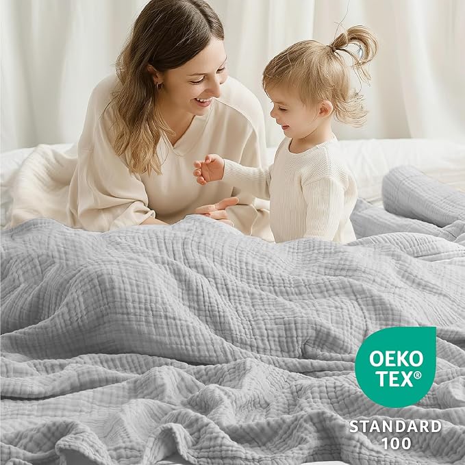 100% Cotton Muslin Blanket 50" x 60", Breathable and Lightweight Cotton Throw Blankets for Couch, Soft Cooling Summer Gauze Blanket for Adults All Season, Light Grey