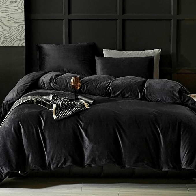 WARMDERN Black Flannel Velvet Duvet Cover Queen Size Duvet Cover Bedding Sets, 3pcs Ultra Soft Luxury Textured Modern Crystal Velvet Duvet Covers with Zipper Closure(Black, Queen)