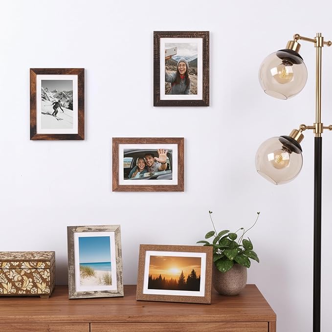 Fixwal 5x7 Rustic Picture Frame Set of 5, Vintage Distressed Photo Frames with Tempered Glass, Decorative Art for Wall Hanging and Tabletop Placement, Display 4x6 with Mat or 5x7 Without Mat