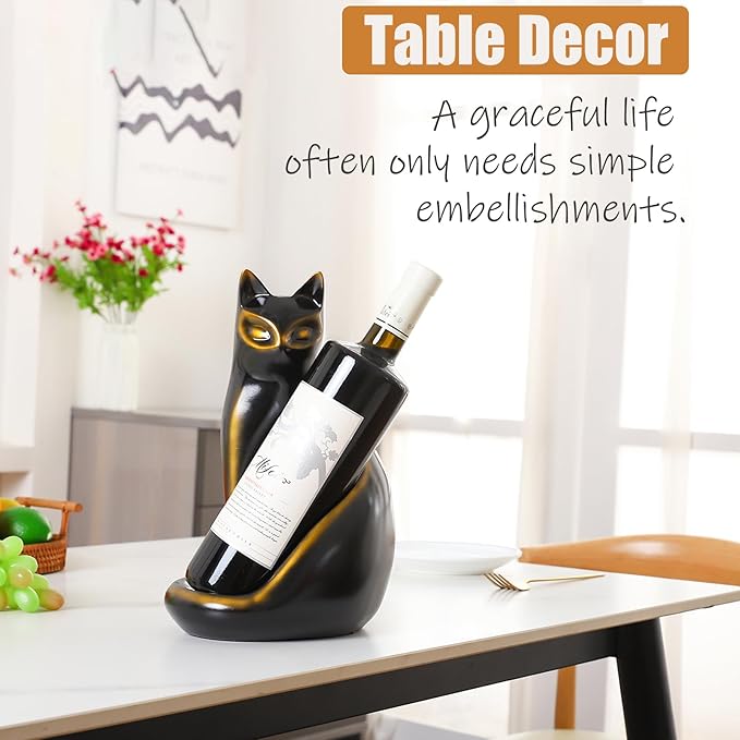 Cat Wine Bottle Holder Decorative, Tabletop Wine Racks Countertop, Cat Decor Wine Stand Gifts for Wine Lovers Women, Water Bottle Organizer for Cabinet, Black Wine Rack