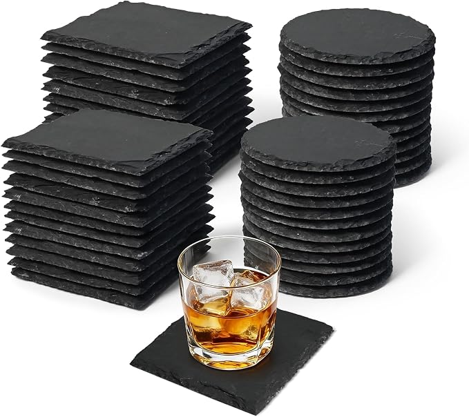 48 Pack 4 Inch Slate Coasters,Black Blank Slate for Laser Engraving,Square & Round Slate Coasters Bulk for Home & Bar Table Protection (24 Square + 24 Round)