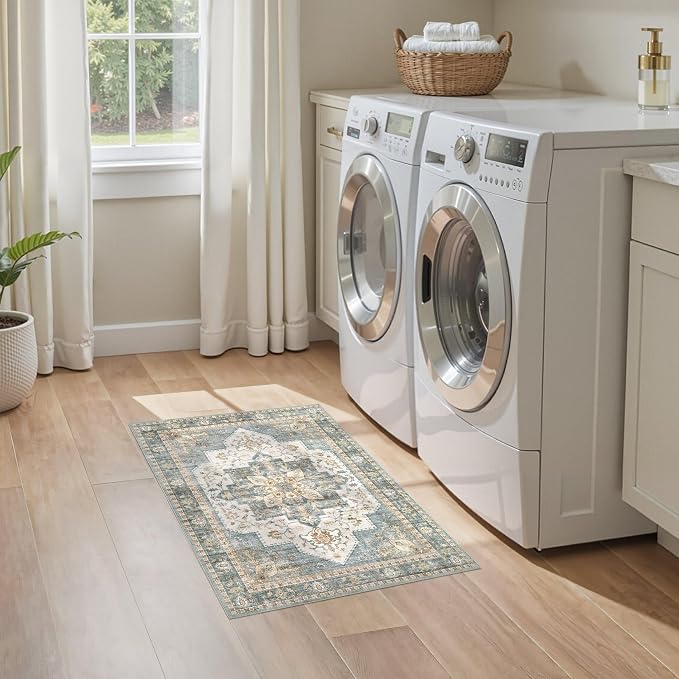 Tortania Area Rug 2x3 Doormat - Washable Vintage Oriental Farmhouse Soft Thin Indoor Carpet for Living Room Bedroom Hallway Entryway Kitchen - Muted Teal