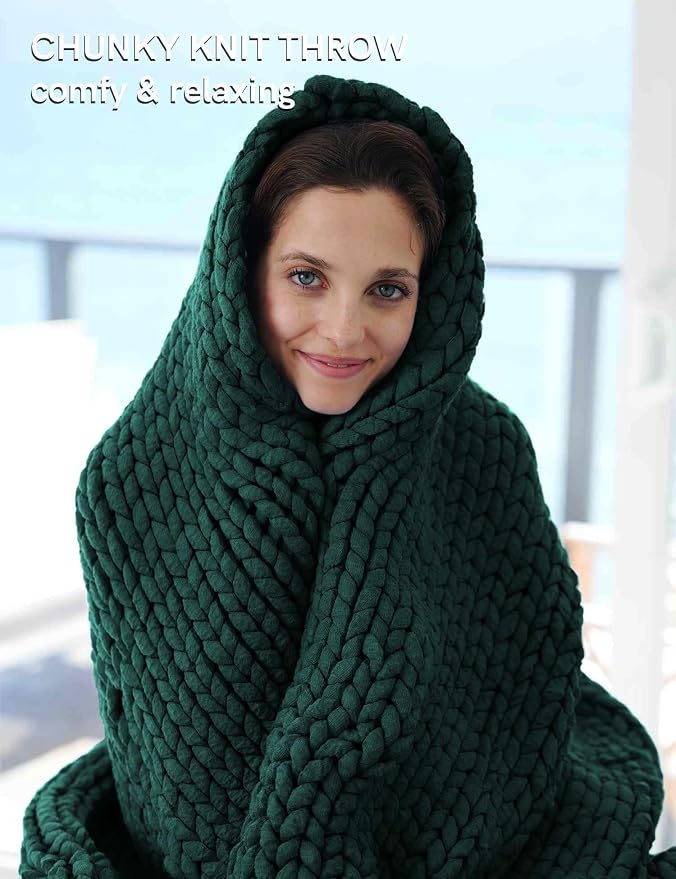 YnM Chunky Throw Blanket, Medium-Weight, Hand Knitted, Skin Friendly, Ventilated and Breathable, Machine Washable, Home Décor Piece for Couch, Sofa and Bed (Pacific Green, 40x50 Inch)