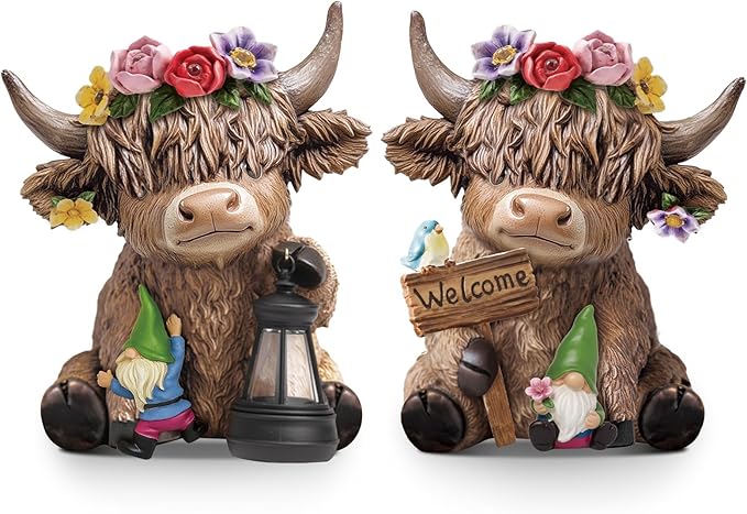 Karenhi 2 Pcs Spring Highland Cow Figurines, Garden Flower Crown Resin Cow Statues with Lantern & Welcome Sign, Gnomes Calf Lovers Gifts for Home Garden Kitchen Office Tiered Tray Table Decor