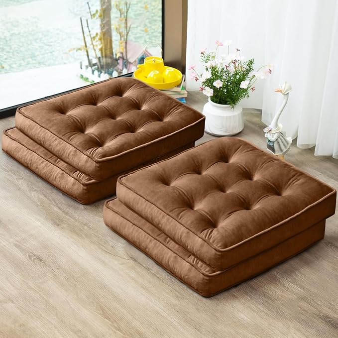 1 MIDDLE ONE Floor Pillow Set of 4, Memory Foam Meditation Cushion, Floor Cushions for Adults Sitting, Large Square Seat Cushions for Yoga, Living Room, 20x20 Inch (Brown)