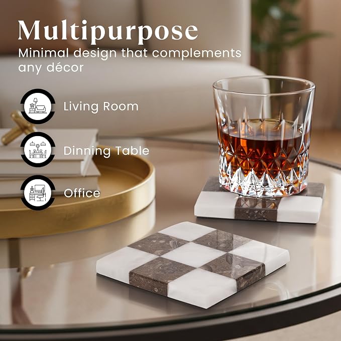 Marble Coasters Set of 4, White & Oceanic Handmade 4 inch Stone Coaster, Square Drink Checkered Coasters for Coffee Table, Stylish Bar Accessories & Modern Home Décor