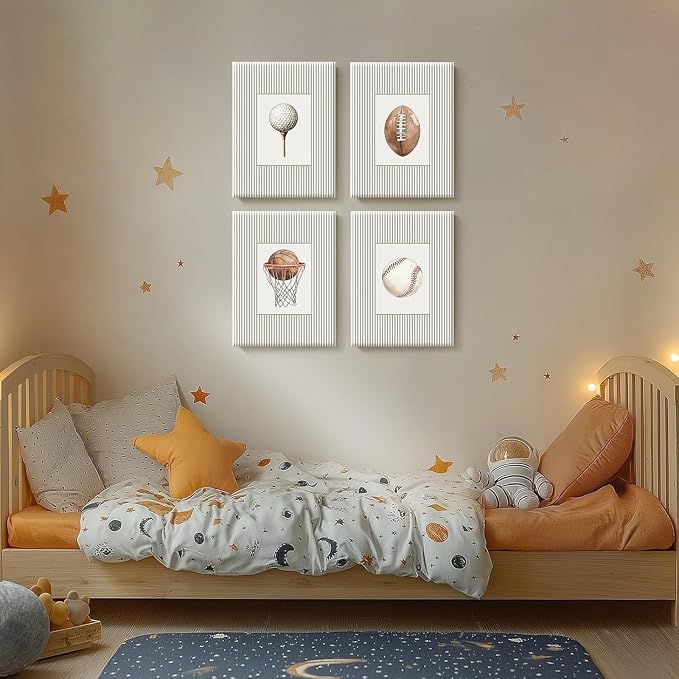 Sports Wall Art Decor Toddler Boys Room Canvas Prints Vintage Sports Nursery Wall Decor Kids Poster Football Baseball Pictures Basketball Golf Painting Artwork for Bedroom 12x16x4 Inch Ready to Hang