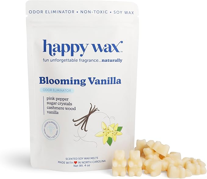 Happy Wax Odor Eliminating Scented Soy Wax Melts – Blooming Vanilla – Pet-Safe, Non-Toxic, Perfect for Use with Wax Warmers - for Home Fragrance & Freshness - 4 oz Pouch