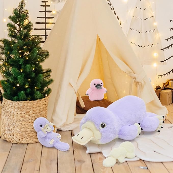 MorisMos 4Pcs Platypus Stuffed Animal, 24 Inch Cute Mommy Platypus Stuffed Animals with 3 Baby, Plush Gifts Kids Boys Girls, Purple