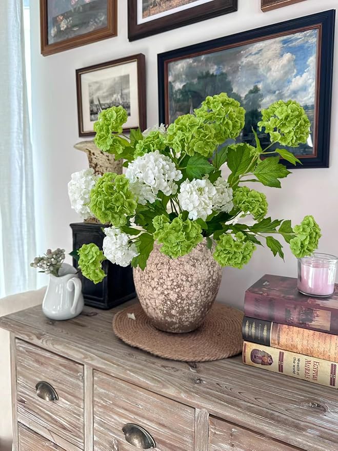 YalzoneMet RUZUQE 4 Pcs Dark Green Artificial Snowball Viburnum Flower 26.8‘’ Small Blooms Hydrangea Real Touch Faux Latex Long Stem Snowball for Spring Home Decoration Table Centerpiece