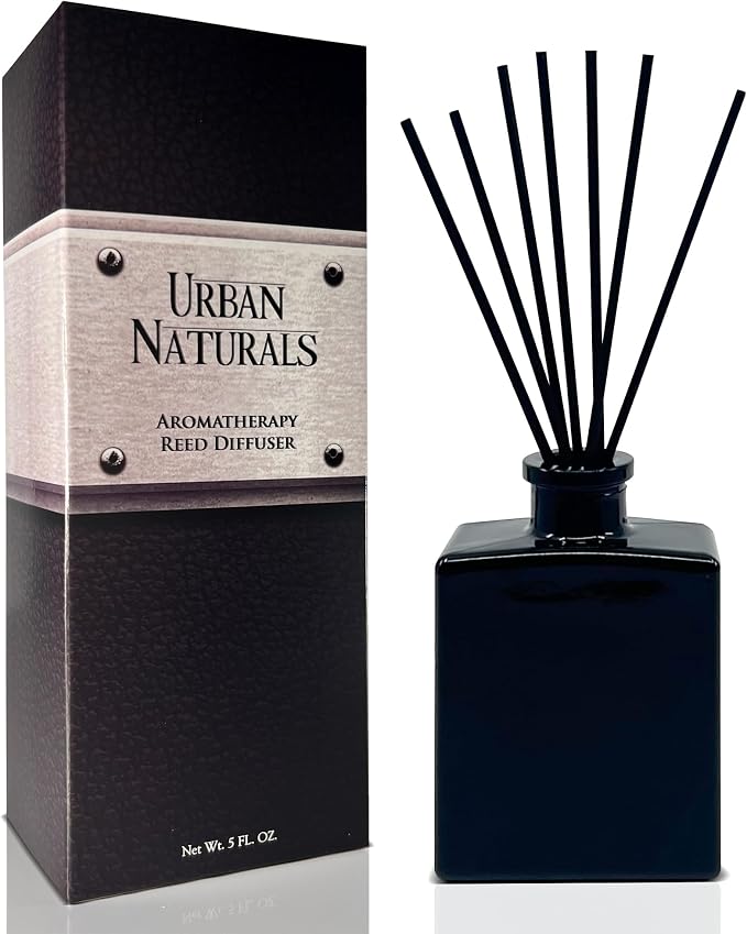Urban Naturals Crisp White Linen Reed Diffuser Gift Set – Citrus, Ozone, Ylang–Ylang, Lilies & Sandalwood for a Fresh Smelling Home – 5 Ounce Sleek Black Rectangular Glass Bottle – Made in the USA