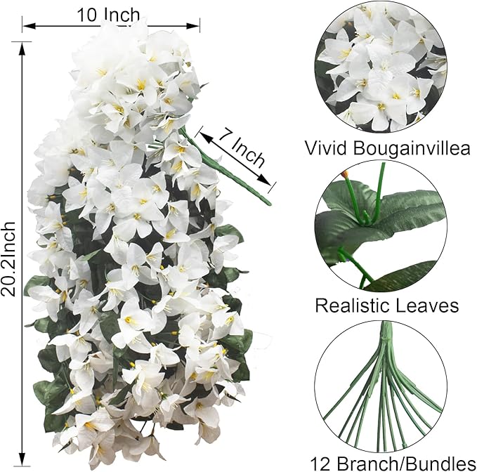 Grunyia Artificial White Bougainvillea Vine, 4 Pcs UV Resistant Fake Flowers Trailing Plant, Realistic Silk Leaves for Outdoor/Indoor Decor, Hanging Basket Wedding Arch Garden Home Decoration(White)