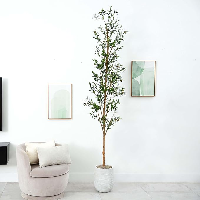Nearly Natural 9FT Tall Silk Faux Olive Tree for Home and Office Decor, Potted with Natural Wood Trunk, Realistic Branches and Lifelike Fruits