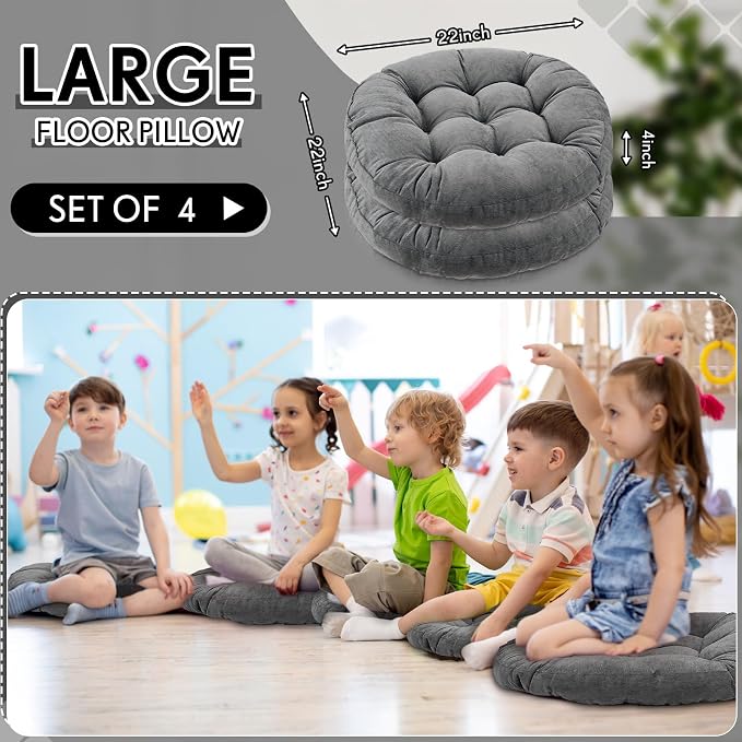 Jerify 2 Pcs Floor Pillow Cushions Large Round Square Large Meditation Floor Pillow for Classroom Adult Meditation Picnic Party Seating Learning Daycare School (Round,Dark Gray)