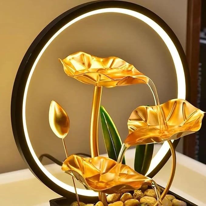 Tabletop Fountain with Led Light, 11IN Gold Lotus Indoor Waterfall Fountain USB Powered Zen Table Water Fountains with 1 Replacement Water Pump