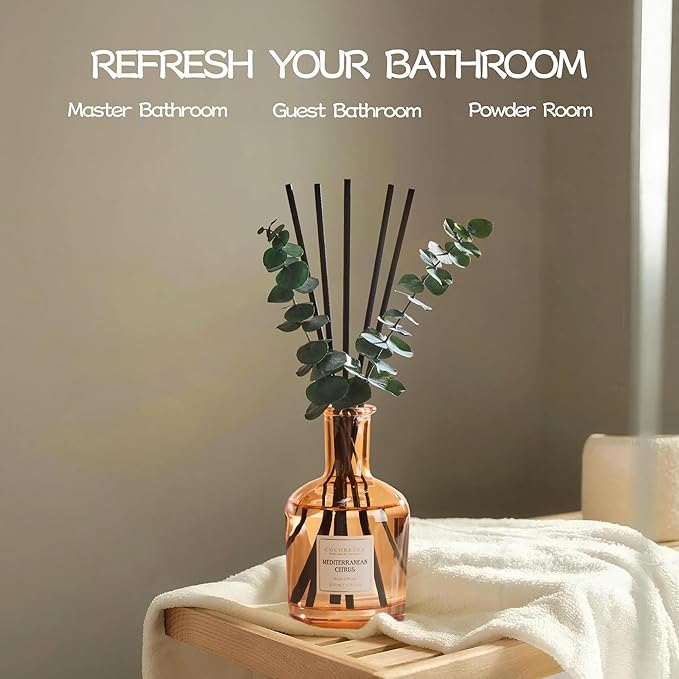 COCORRÍNA Mediterranean Citrus Reed Diffuser – 6.76 oz Essential Oil with 8 Reeds & Real Eucalyptus Sticks, Home Fragrance for Bedroom or Bathroom Décor