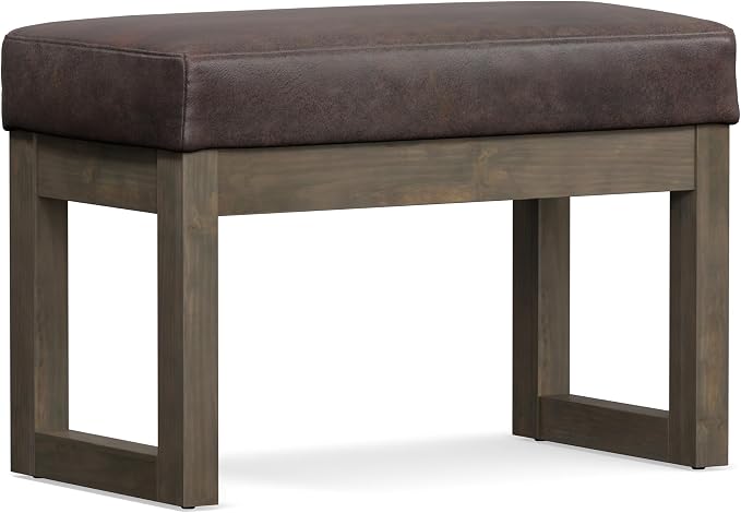 SIMPLIHOME Milltown Small Ottoman Bench - 27 inch Wide Upholstered Vegan Leather Rectangle Footstool Ottoman in Distressed Brown, Contemporary Bench for Bedroom with Cushioned Seat