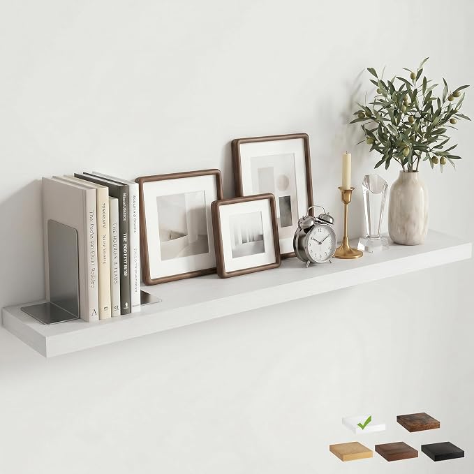 Venusmiles Floating Shelves for Wall, 48 Inch Floating Shelves Set of 1, 6.5" D Wooden Wall Mounted Display Shelves with Invisible Brackets for Living Room, Bedroom, Bathroom, Kitchen Decor, White