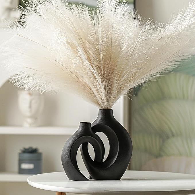 Lvases Snuggle Hollow Modern Ceramic Vase Set of 2, Mid Century Nordic Aesthetic Decorative Vase Decorative Vases for Home Table Decor (Matte Black W 6.3" X H 8.4")