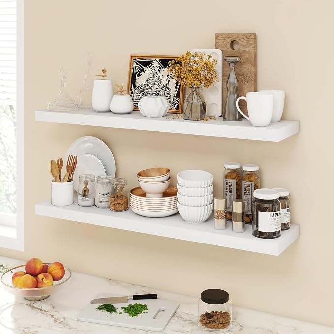 Acovy 40 Inch Floating Shelves, 9.3" Deep Floating Shelf Wall Mounted, 40" Wall Shelves, Rustic Deep Bookshelf, Large Display Shelves & Storage Shelves for Bedroom, Living Room, White, Set of 2