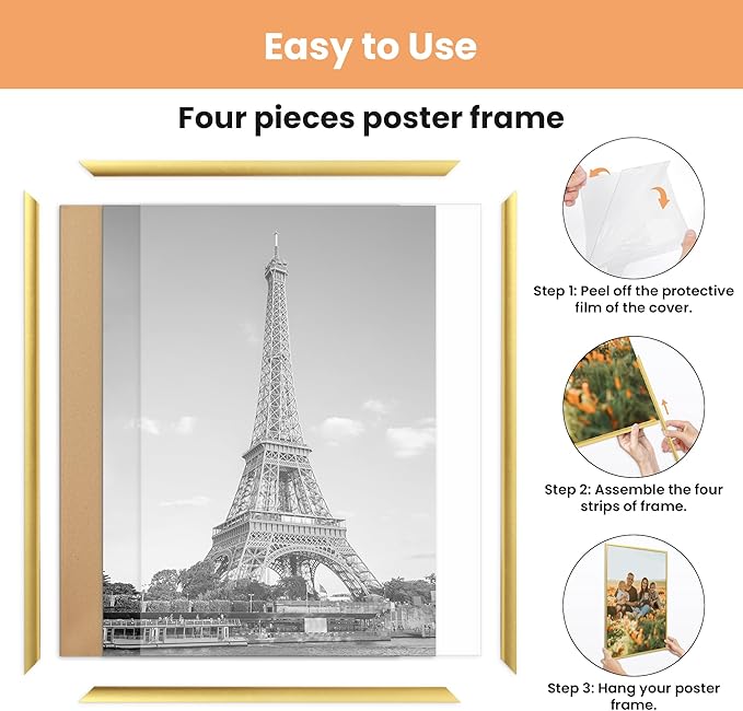upsimples 11x17 Picture Frame Gold 3 Pack, Scratch-Proof 11 x 17 Poster Frames for Photo Gallery - Slide-In Strips, Horizontal or Vertical Wall Mounting