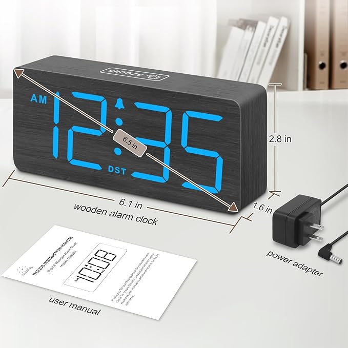 DreamSky Wooden Digital Alarm Clock for Bedroom - Desk Clocks for Living Room with Large Numbers, Dimmer, Loud Alarm for Heavy Sleepers with Volume Control, DST, Office Wood Decor (Plug in Clock)
