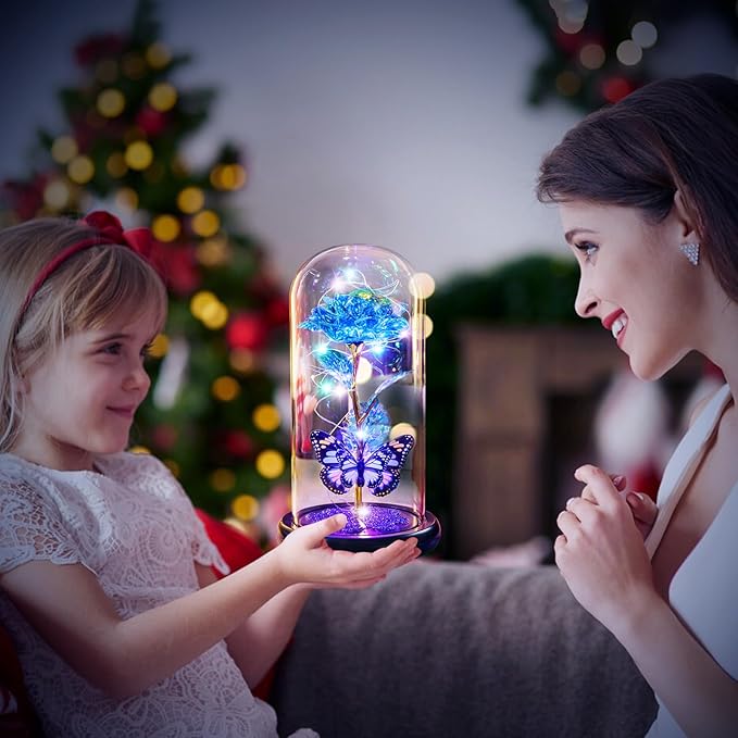 Mothers Day Mom Gifts for Mom Birthday Gift for Women Galaxy Glass Rose in Glass Dome Forever Eternal Crystal Flower with Butterfly Mother's Day Flowers Gifts for Wife Daughter Grandma Sister Blue