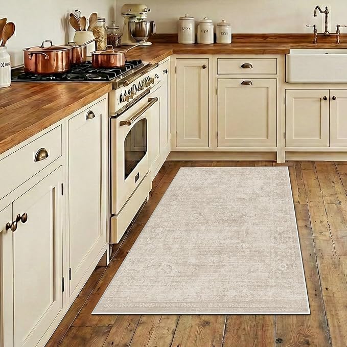 Homemate Washable Rug 4x6 Area Rugs - Vintage Faux Wool Rugs for Living Room Bedroom Dining Room - Non Slip Foldable Carpet Indoor Area Rug for Home Decor（4'x6', Beige