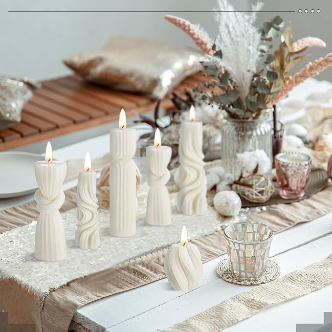 Threlaco 6 Pcs Ribbed Pillar Candles Modern Aesthetic Ribbed Decorative Candle Set Cute Soy Wax Scented Decor for Home(Milky White)
