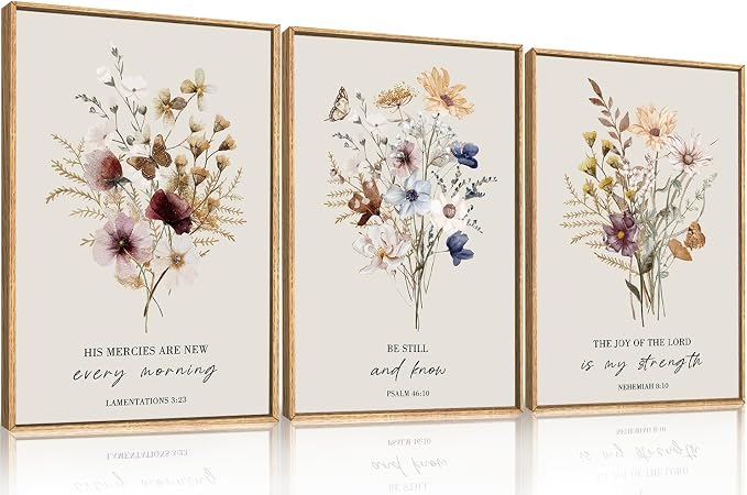 Boho Christian Floral Scripture Wall Art Set of 3, Bible Verse Flower Painting, Religious Wildflower Artwork for Living Room, Bedroom, Fireplace, Modern Botanical for Home Decor- 24"X36"