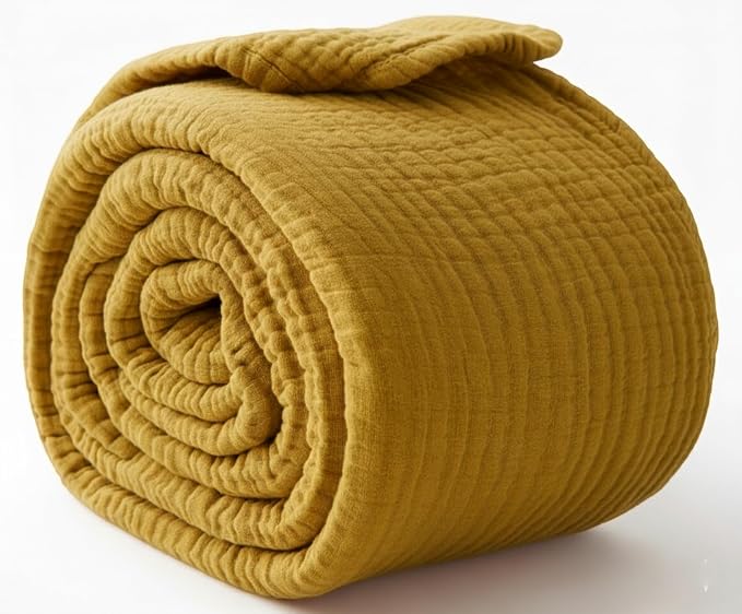 KyraHome 100% Organic Cotton Throw Blankets, 50"x60" Pre-Washed Plant Dyed, Breathable, Lightweight Summer Muslin Blankets, Adults, Couch, Picnic, All Season, Mustard Yellow