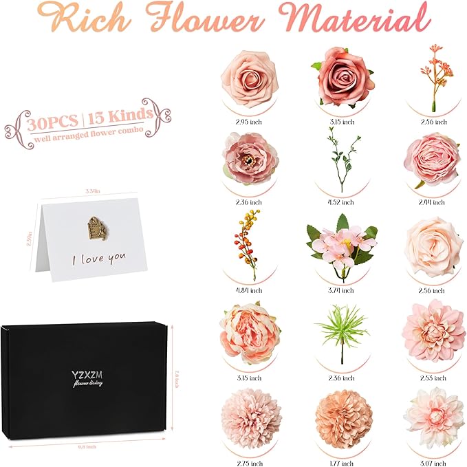 Artificial Flowers Combo Box, 30PCS Fake Flowers, Silk Flower Mix with Wire Stem, DIY Wedding Bridal Bouquet for Arrangement, Shower Party Home Décor, Blush Pink & Rose Mix