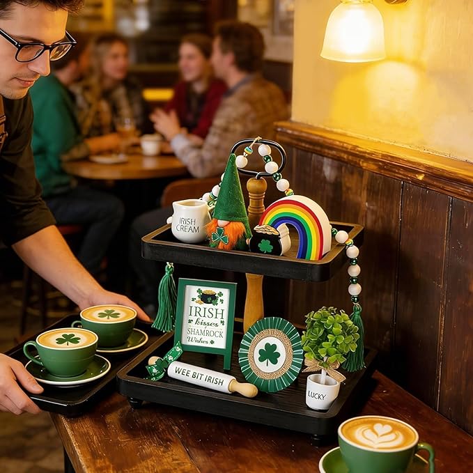 St Patrick's Day Decoration 8 PCS Tiered Tray Decor Set, Cute Tabletop Saint Patty's Day Décor for Home Shelf Mantel Office Table Coffee Bar Leprechaun Gnome Shamrock Irish Tray Objects